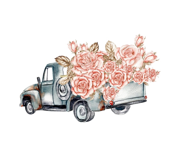 Illustration of rusty with roses. An old rusty enamel jug. Handdrawn watercolour