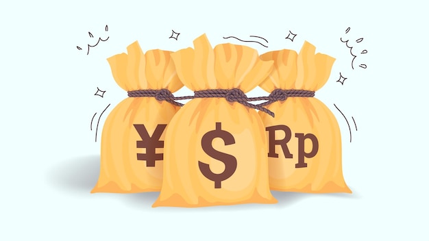 Illustrazione del sacco contenente dollaro, rupia e yen