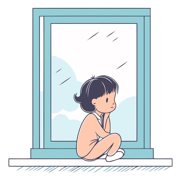 Illustration of a sad child sitting on the windowsill in rainy weather