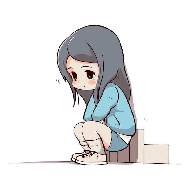 Illustration of a sad girl sitting on the floor and crying