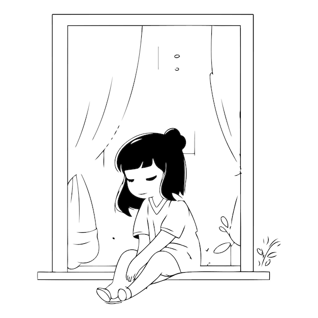 Illustration of a sad girl sitting in front of the window