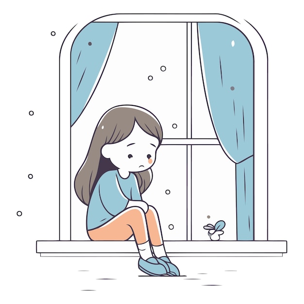 Vector illustration of a sad girl sitting in front of a window