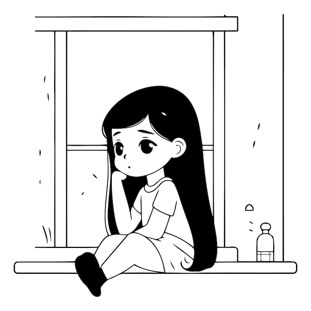 窓際に座っている悲しい女の子のイラスト