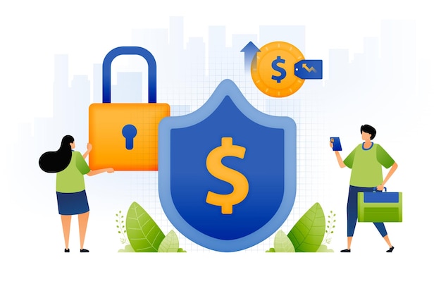 Illustration of safe and protected financial system people develop networked financial system more protected with dollar sign in shield can be used for web website posters apps brochures