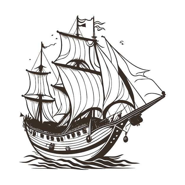 Illustration of a sailing pirates ship on the sea