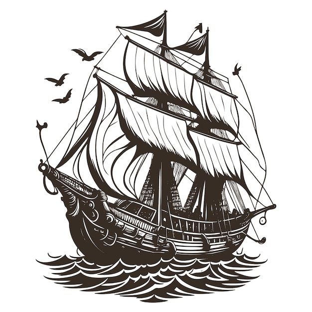 Vector illustration of a sailing pirates ship on the sea