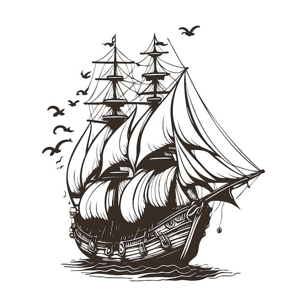 Vector illustration of a sailing pirates ship on the sea