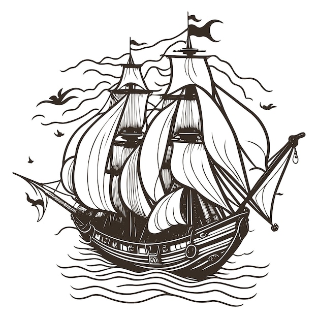 Vector illustration of a sailing pirates ship on the sea