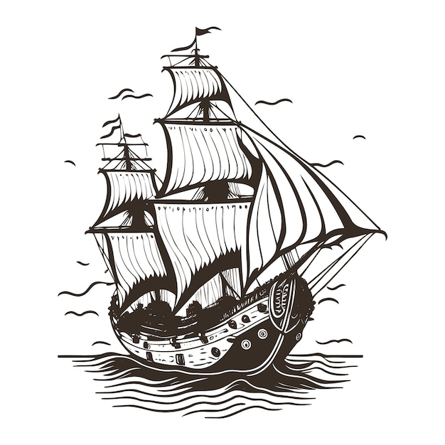 Illustration of a sailing pirates ship on the sea