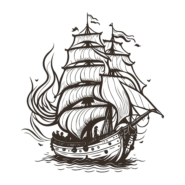 Illustration of a sailing pirates ship on the sea