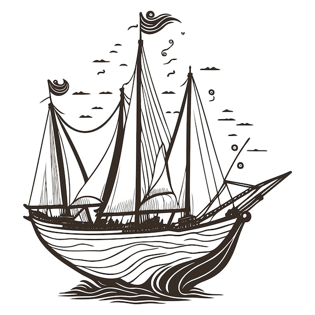 Illustration of a sailing pirates ship on the sea