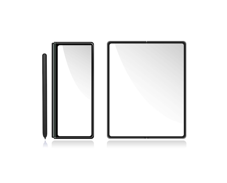 Vector illustration of samsung fold screen smartphone with stylus template mockup set vector