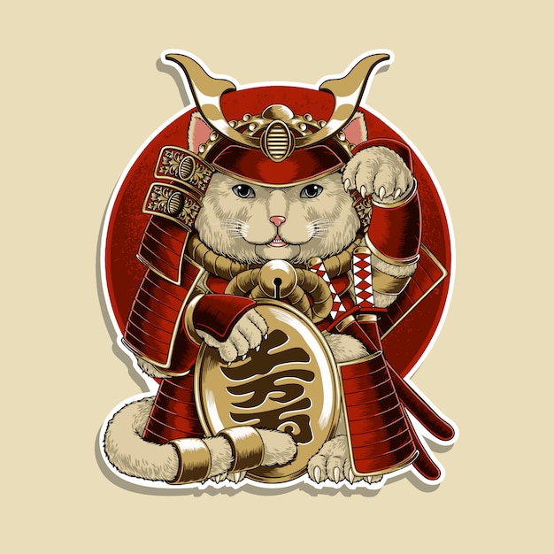 Illustration of samurai neko from japanese lucky cat 