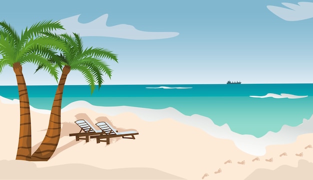 Vector illustration sand beach with palms see view two sun beds on a sunny beach under palm trees by the