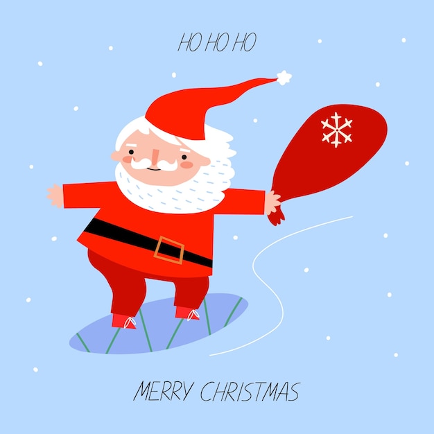 Illustration of Santa Claus riding a snowboard and holding a bag of gifts Winter gift card with Me