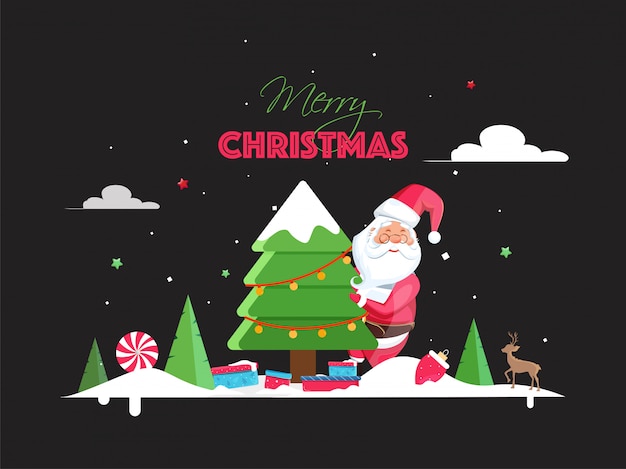 Illustration of santa claus with decorative xmas tree, gift box, reindeer and snow on black  for merry christmas celebration.