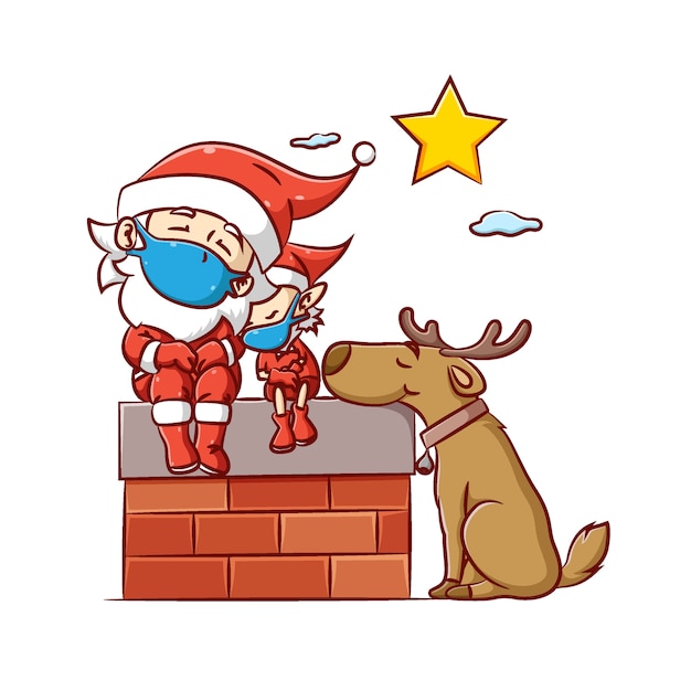 The illustration of the Santa clause and the elf with big dog using the dear horn are sleeping under the bright star in the sky