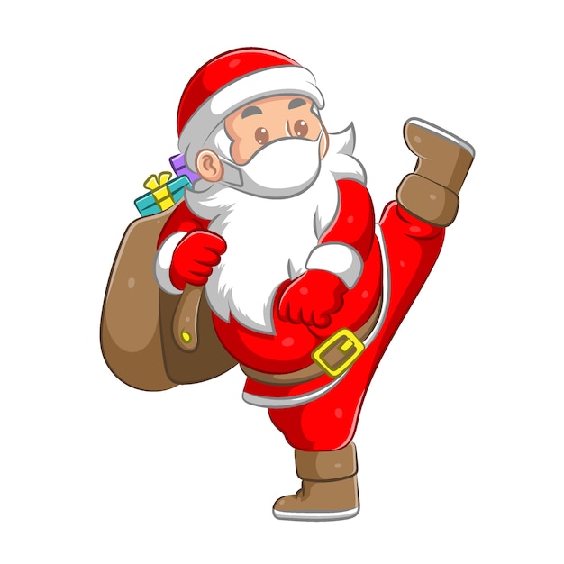 Vector the illustration of the santa clause is doing the high kick and bringing the sack of bag full of the gift on it