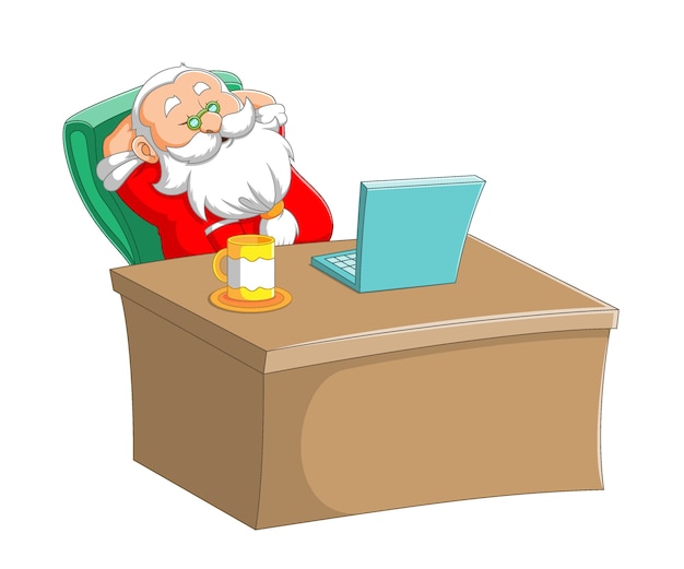 L'illustrazione del babbo natale che dorme sulla scrivania e seduto davanti al suo laptop