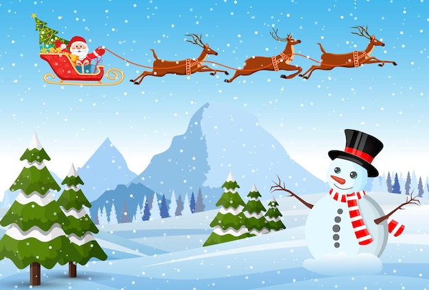 Иллюстрация Санта-Клауса и оленей на снегу