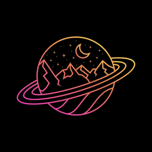 Vector illustration of saturn planet space with mountain stars line art style for tshirt print and more