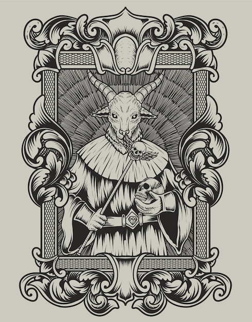 Illustration scary baphomet on engraving ornament frame