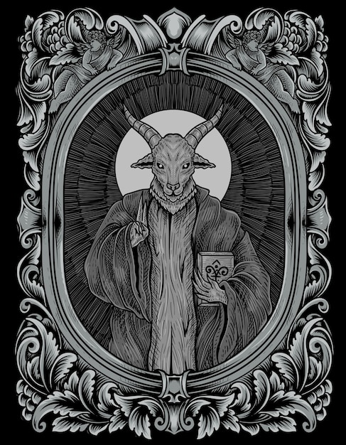 Vettore illustrazione spaventoso baphomet su ornamento incisione