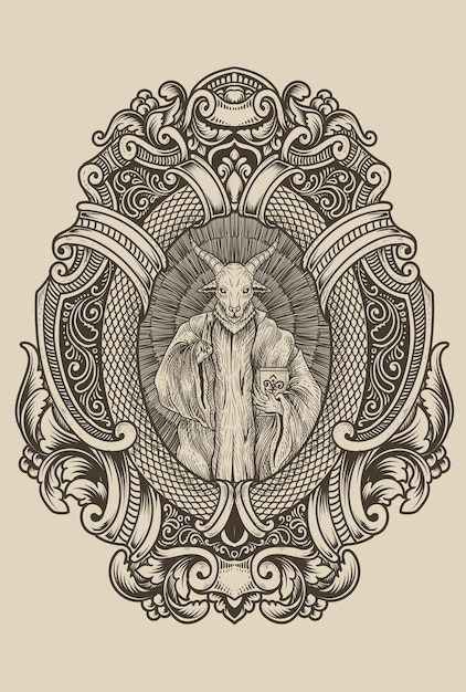 Illustration scary baphomet on engraving ornament