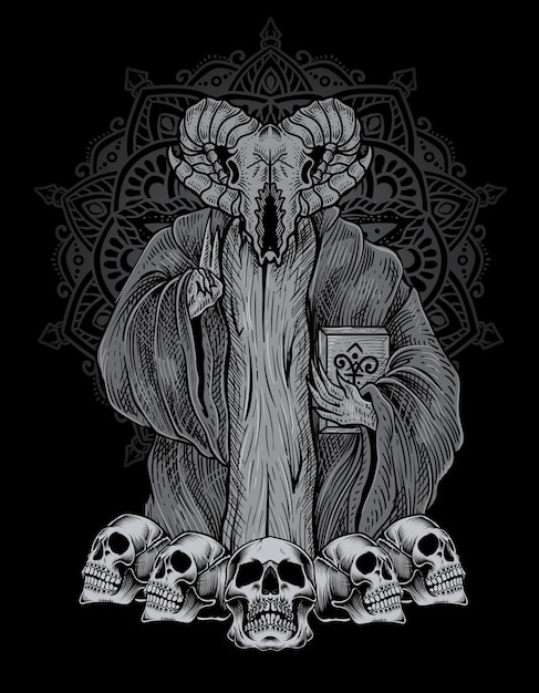 Illustration scary baphomet skull on engraving ornament