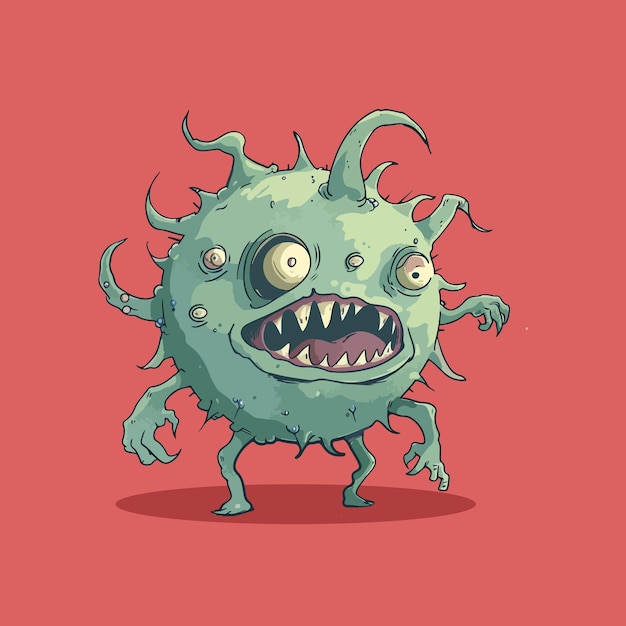 Illustrazione di un terribile virus o germe mostro verde con mani e piedi con occhi sporgenti