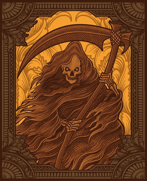 Illustration scary grim reaper with vintage engraving style