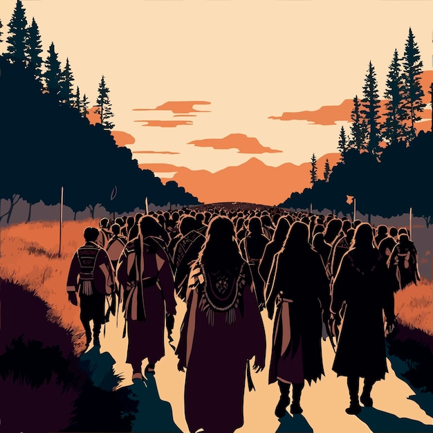 Illustrazione una scena che cattura la marcia insieme degli indigeni nella natura