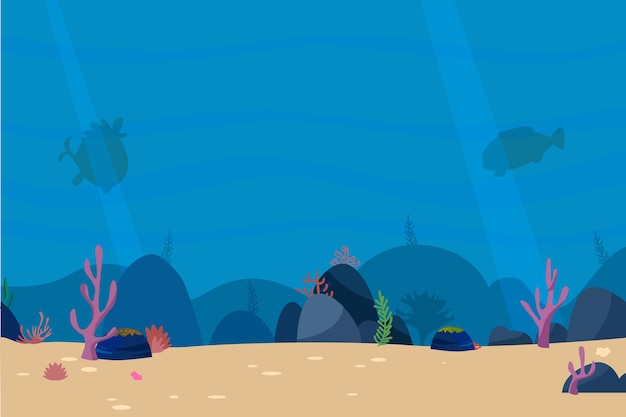 바다 식물과 바위와 귀여운 바다 물고기 실루엣이 있는 해저의 풍경 그림