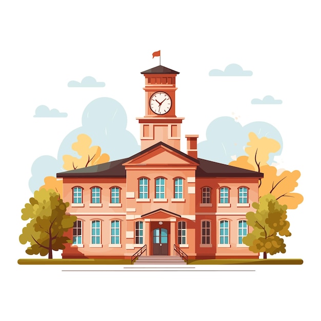 Illustration of a school building with a clock tower and autumn trees