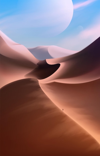 Vector illustration of the science fiction scene of one human is walking in the desert on another planet somewhere else in the universe.