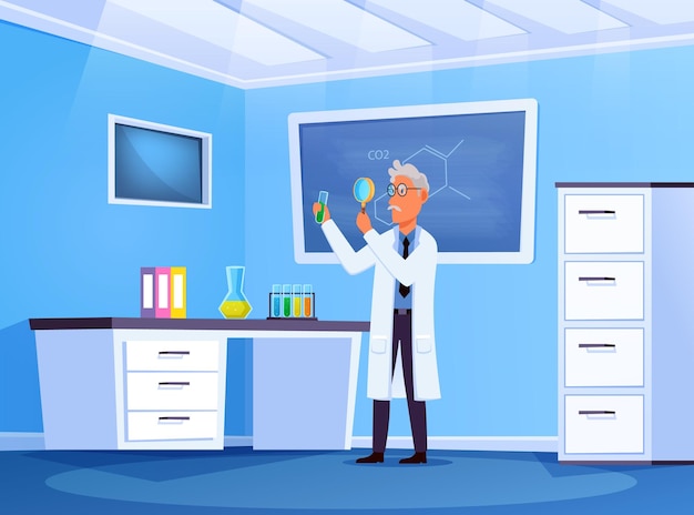 Vettore illustrazione dello scienziato con personaggio dei cartoni animati umano che fa ricerca