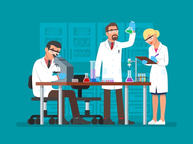 Vector illustration of scientists working at science lab, flat style