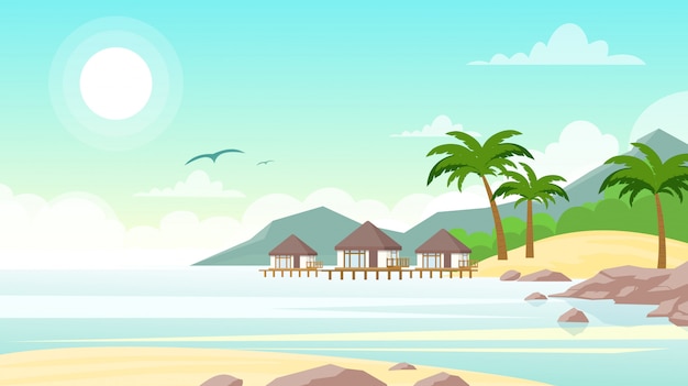   illustration of sea beach with hotel. Beautiful small villas on the ocean seaside. Summer landscape, vacation concept in flat style.