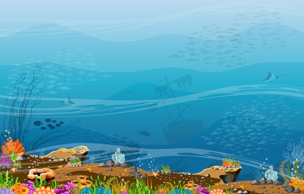 Illustration of sea rocks and fish with coral reefs.