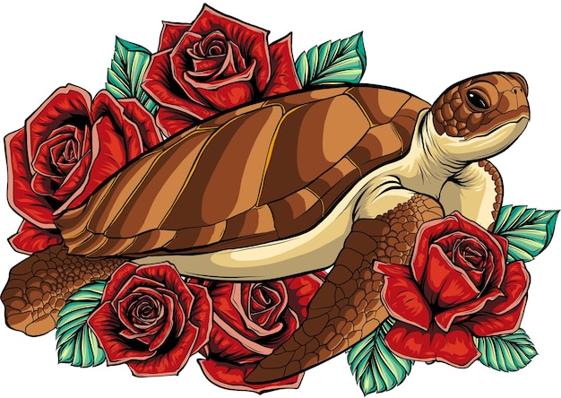 illustration of sea turtle with roses