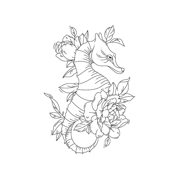 illustration seahorse with flowers