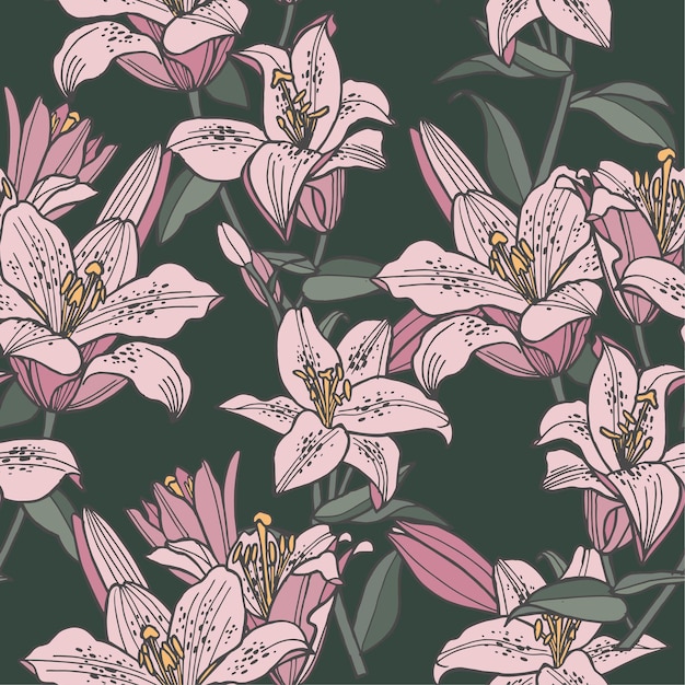 Vector illustration seamless floral pattern. lily flowers background for cosmetics packaging.