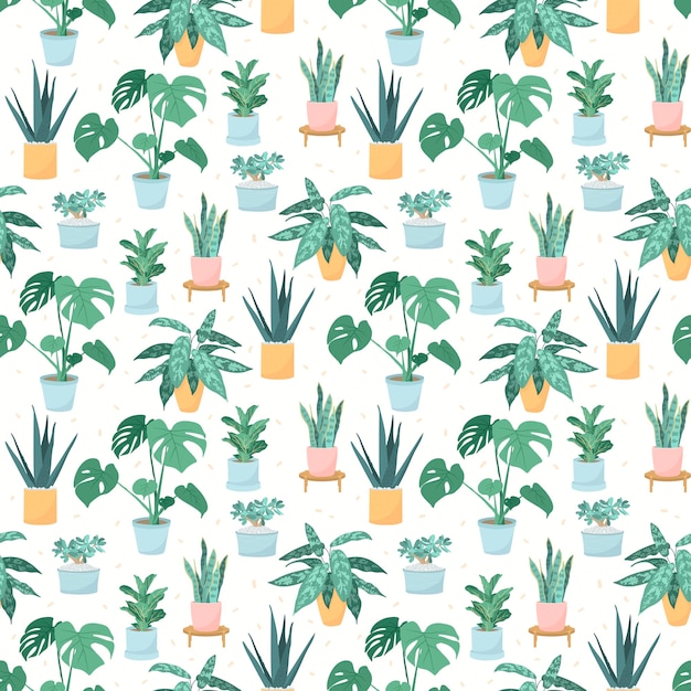Illustration of a seamless pattern of trendy house plants in pots