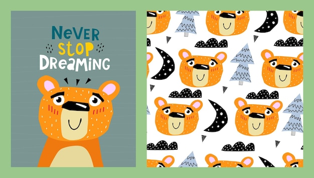 Illustration and seamless pattern with cartoon bears