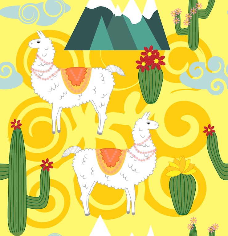Vector illustration of seamless pattern with cute cartoon llama alpaca with cactus and design elements on pink background in flat cartoon style