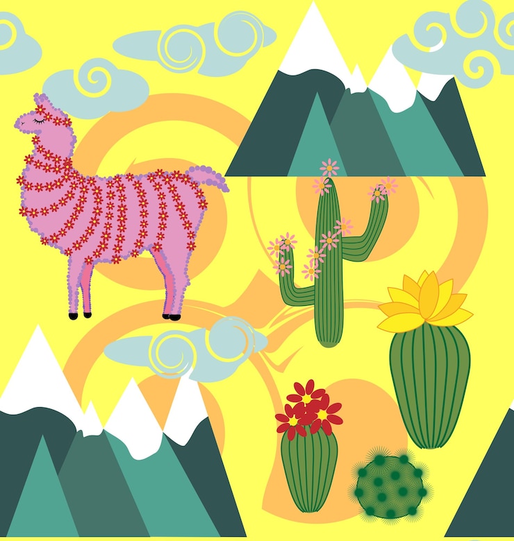 Vector illustration of seamless pattern with cute cartoon llama alpaca with cactus and design elements on pink background in flat cartoon style