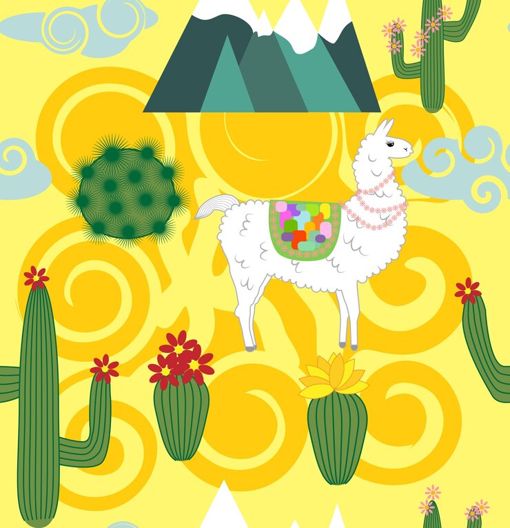 Vector illustration of seamless pattern with cute cartoon llama alpaca with cactus and design elements on pink background in flat cartoon style
