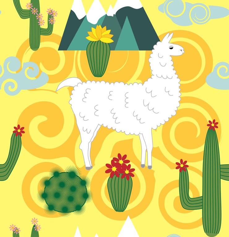 Vector illustration of seamless pattern with cute cartoon llama alpaca with cactus and design elements on pink background in flat cartoon style