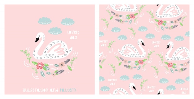 Illustration and seamless pattern with cute swan