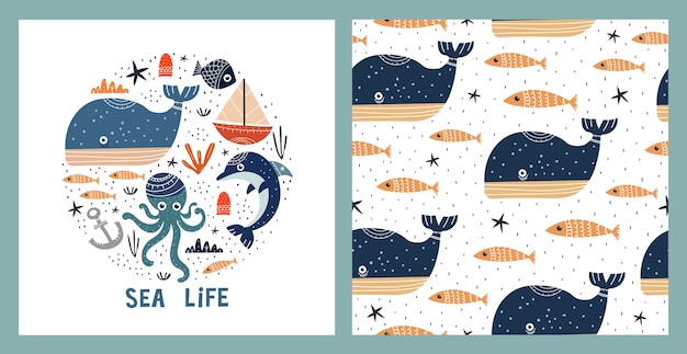 Illustration and seamless pattern with sealife